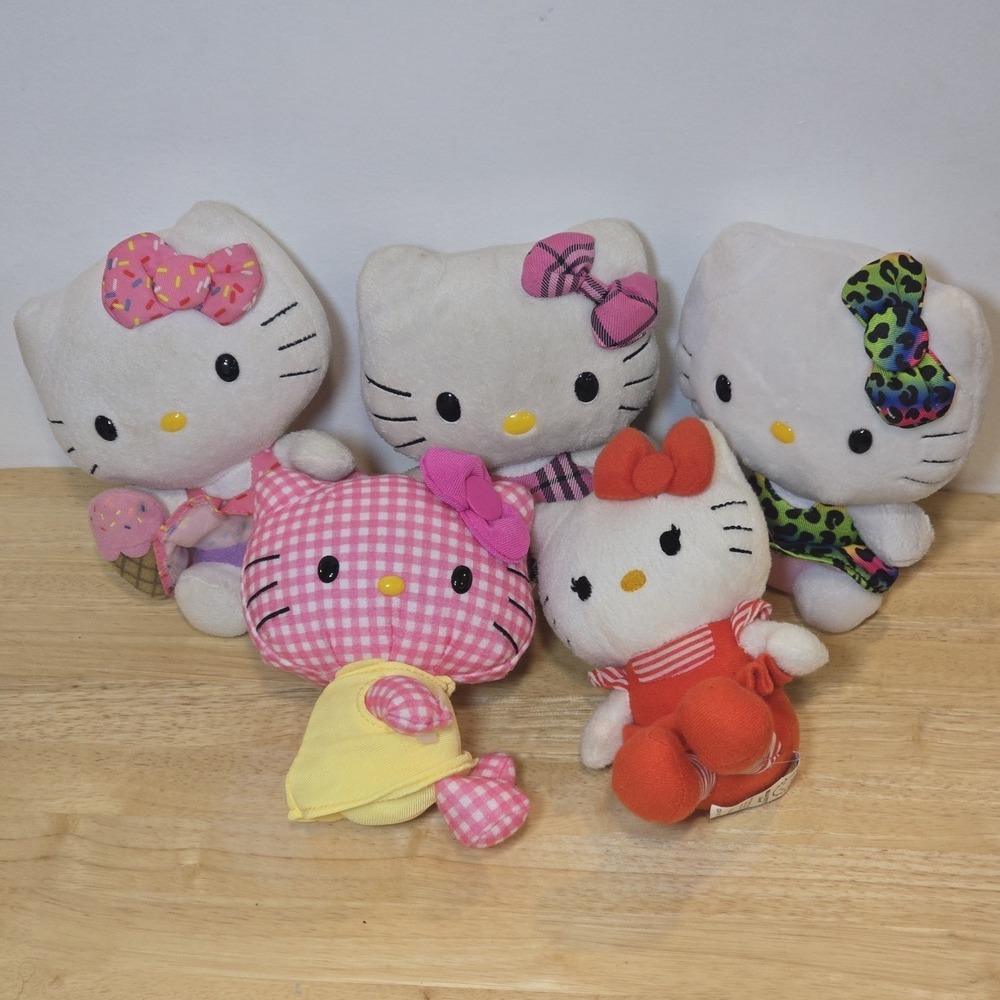 5 Sanrio Hello Kitty Plush Assorted Stuffed‎ Cat Animal Lot Pink Gingham 5" 6"